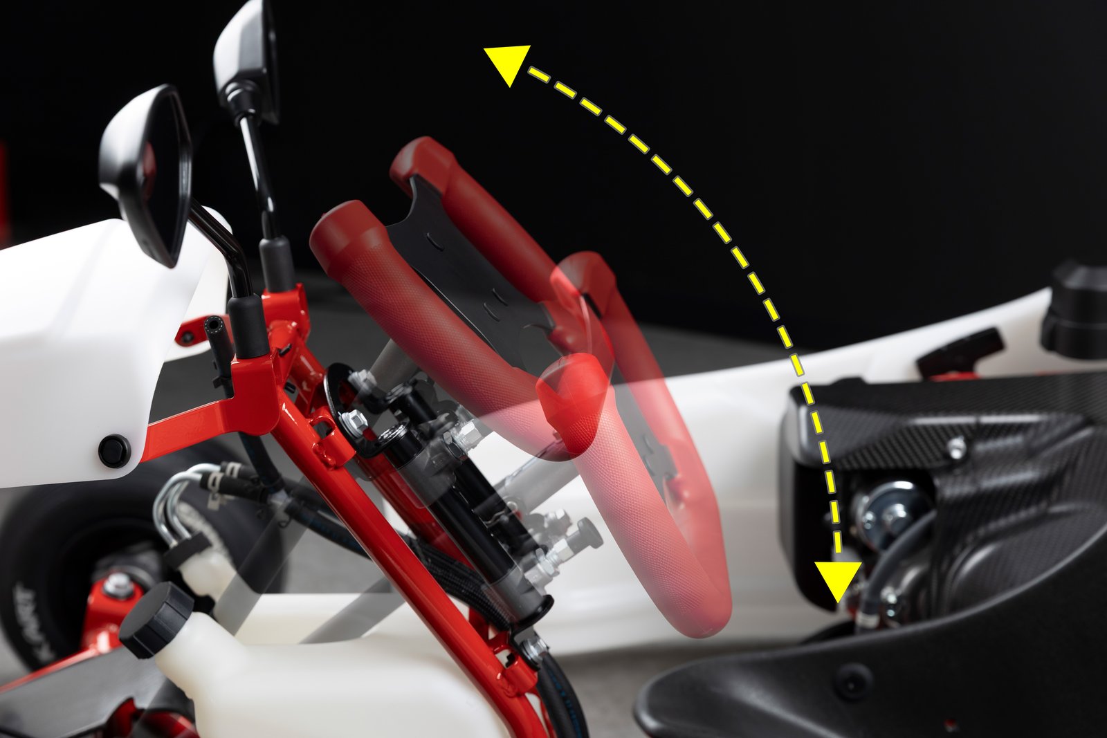 Toyota GR Kart tilting steering wheel adjustment shown with arrow