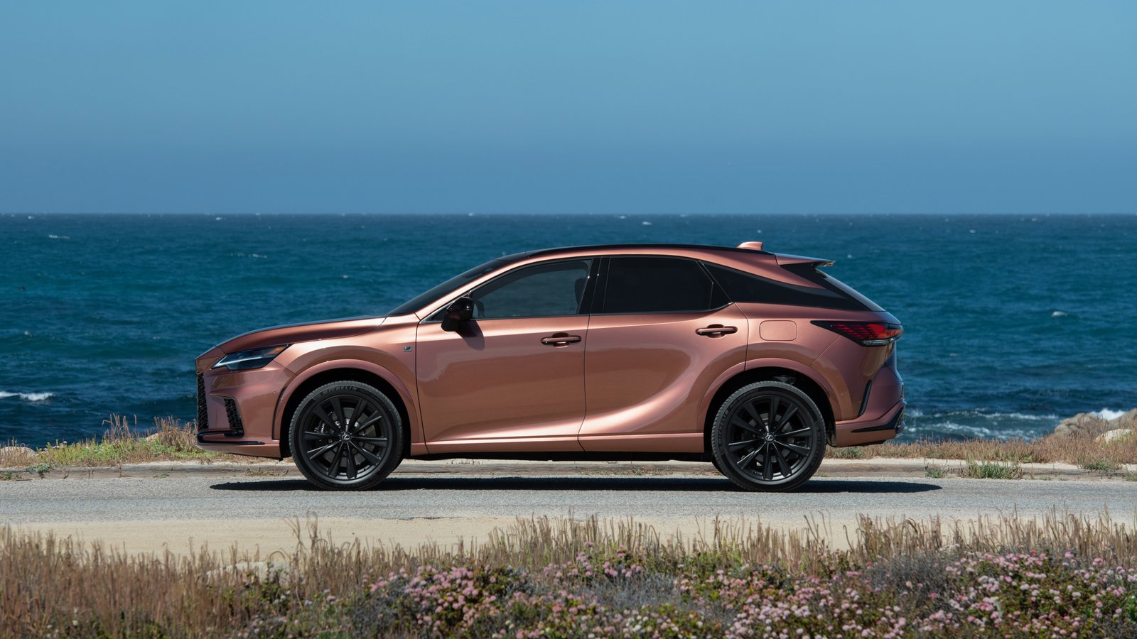 Side profile of the 2026 Lexus RX 500h F Sport Performance parked by the ocean