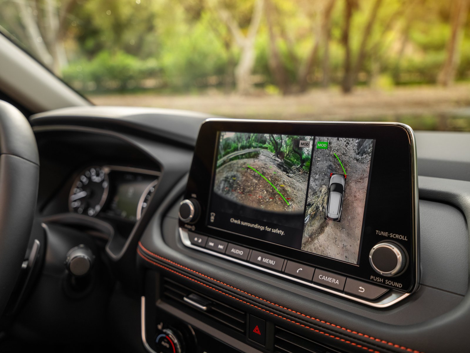 Off-road camera view on the 2027 Nissan Rogue Rock Creek touchscreen