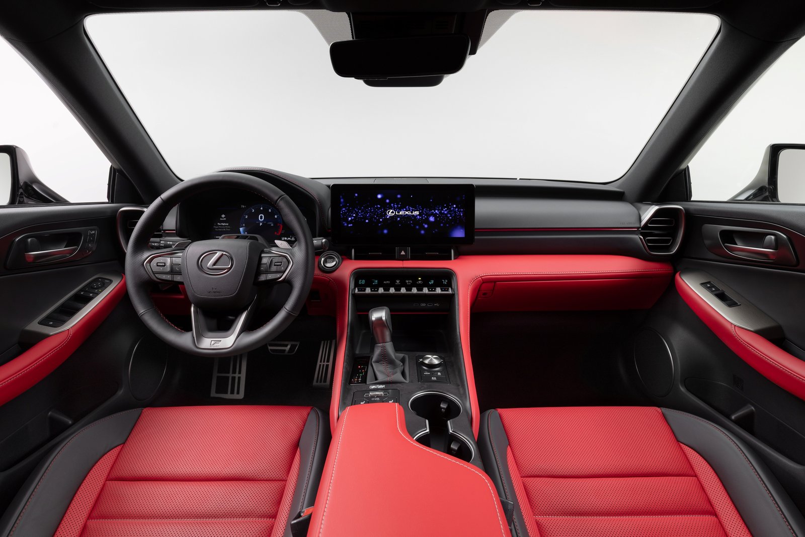 2027 Lexus IS 350 F SPORT interior with red upholstery and twin displays