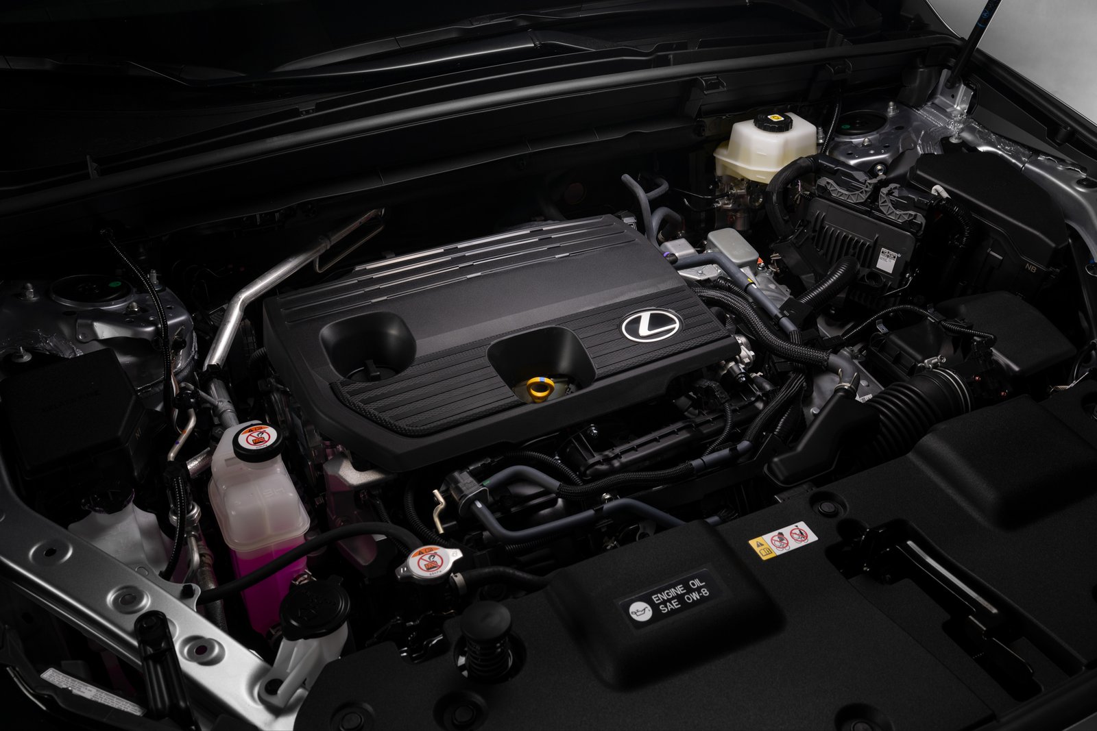 2027 Lexus NX 350h engine bay with Lexus-badged engine cover