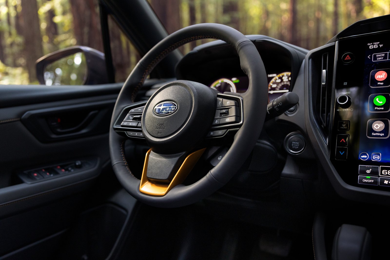 027 Subaru Forester Wilderness Hybrid interior with copper-accented steering wheel