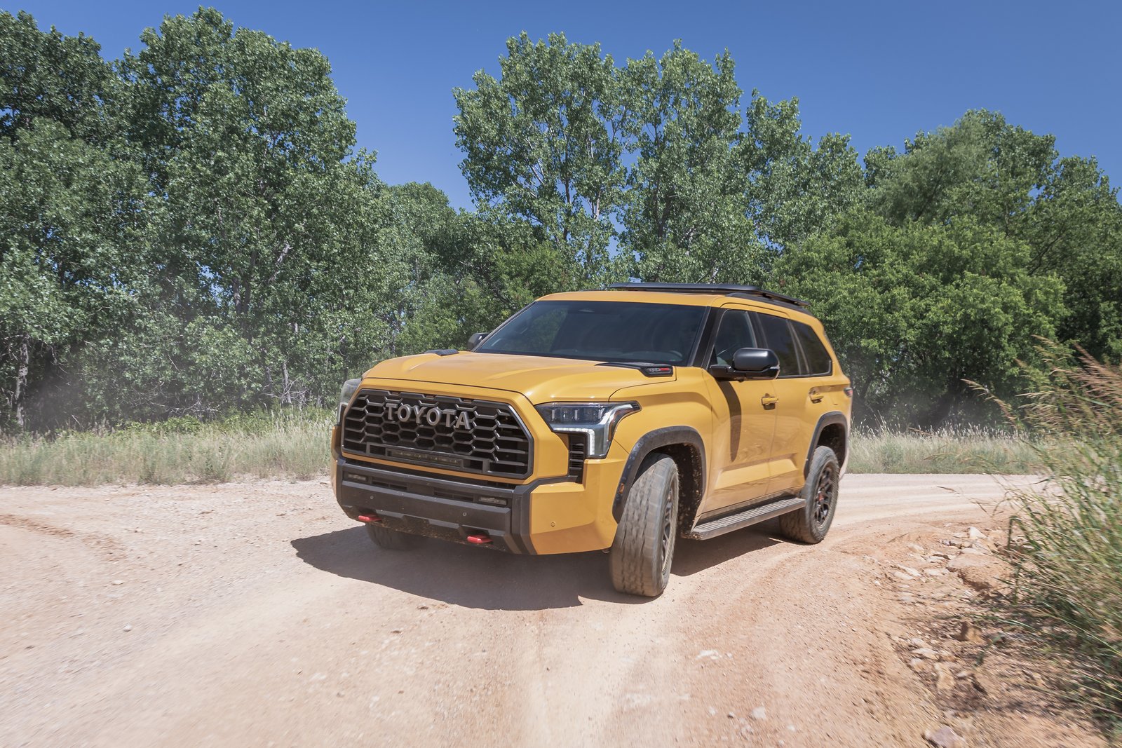 2027 Toyota Sequoia TRD Pro in Honeycomb on a dirt road