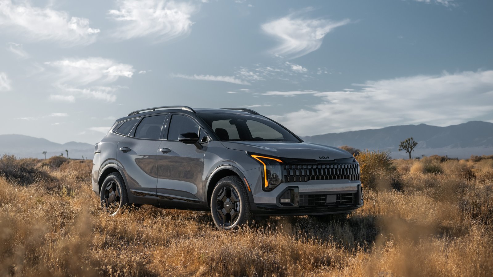 Gray 2027 Kia Sportage parked in desert grassland