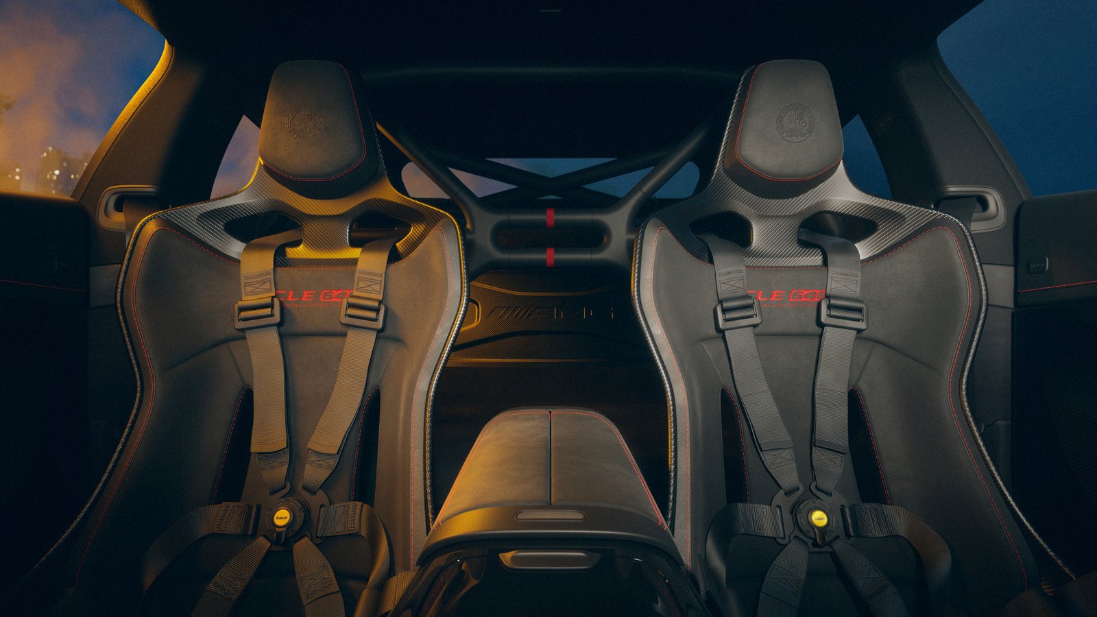 Interior of Mercedes-AMG CLE 646 with carbon bucket seats, six-point harnesses, and roll cage