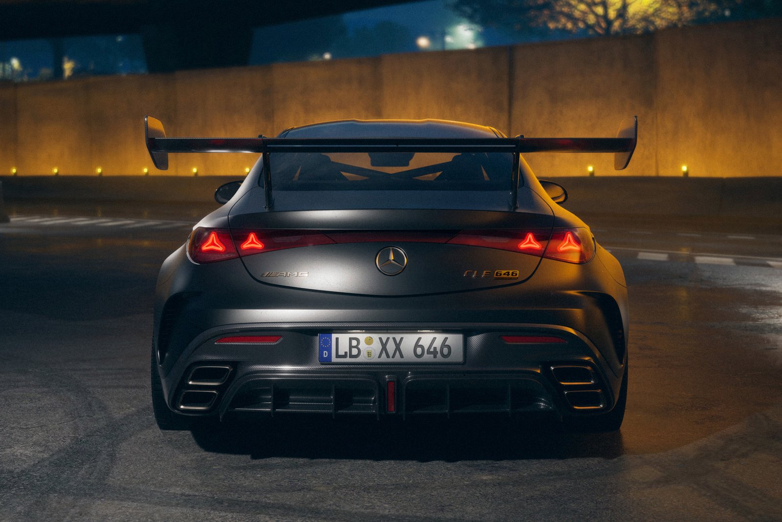 Rear view of Mercedes-AMG CLE 646 with carbon rear wing, diffuser, and quad exhaust tips