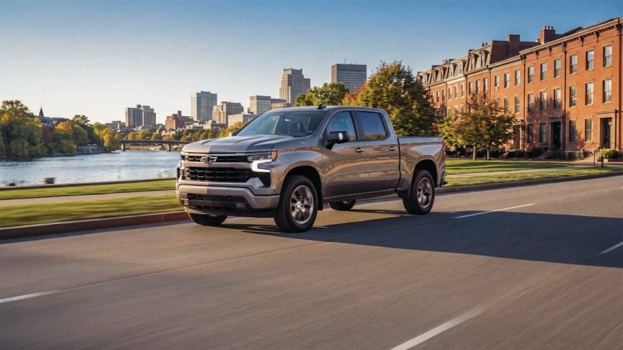 2026 Chevrolet Silverado 1500 crew cab driving on a city street