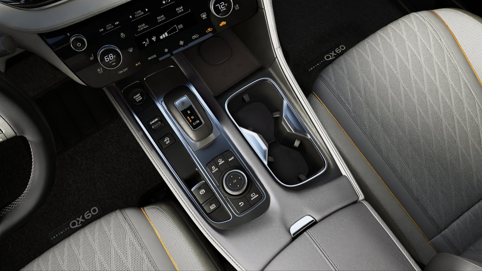 Infiniti QX60 front center console with dual cupholders and shifter
