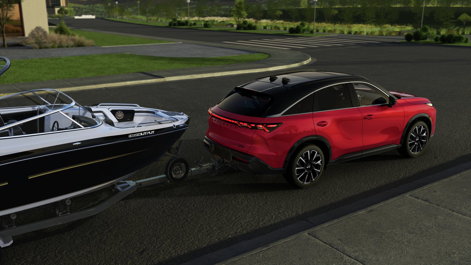 Red Infiniti QX65 towing a boat on a trailer