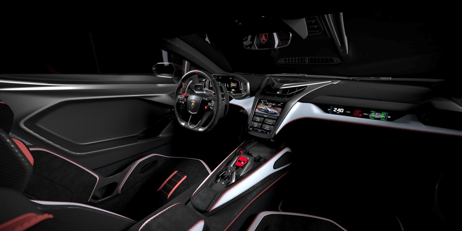 Lamborghini Revuelto SV interior with carbon fiber and red stitching