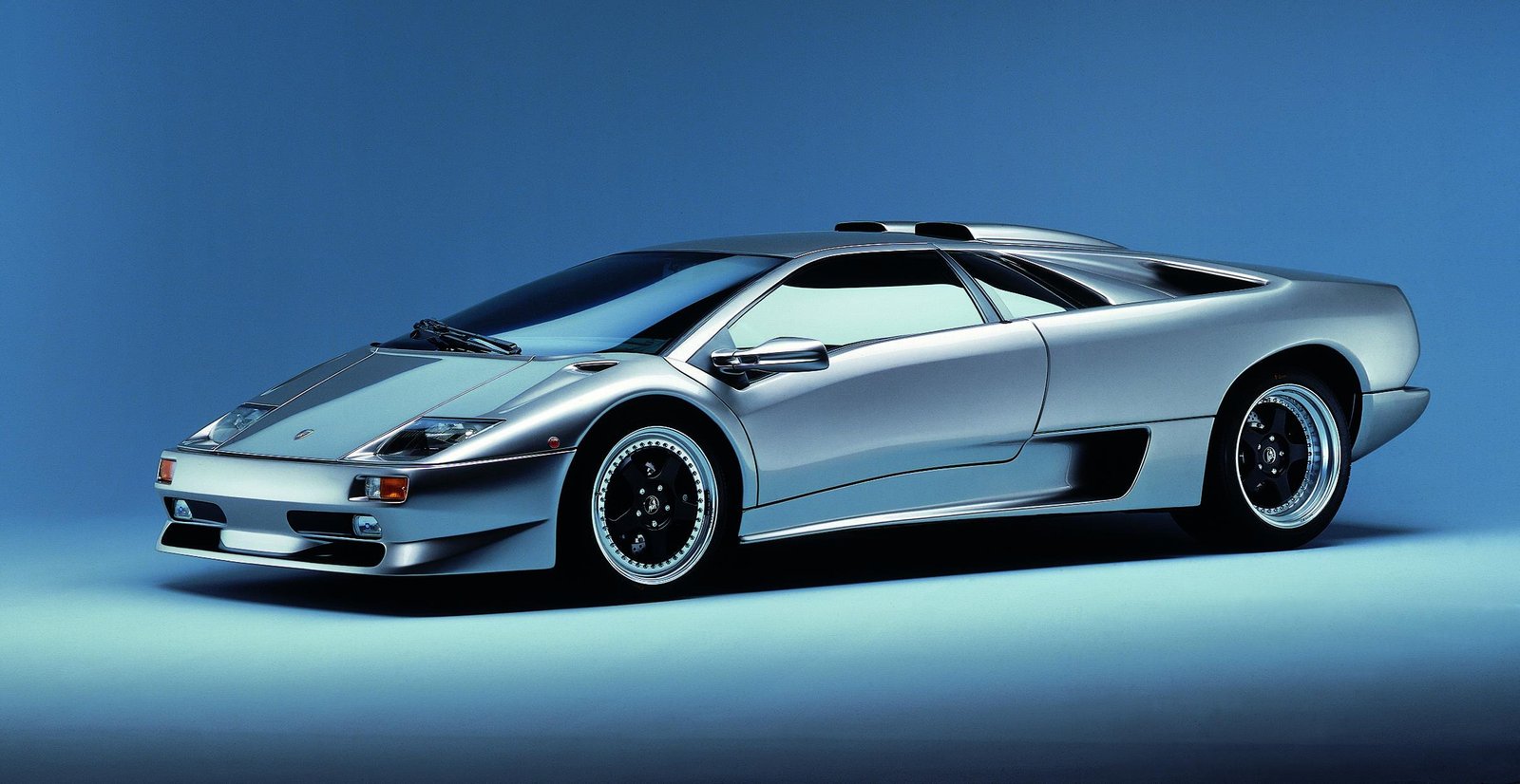 Silver Lamborghini Diablo SV studio three-quarter view