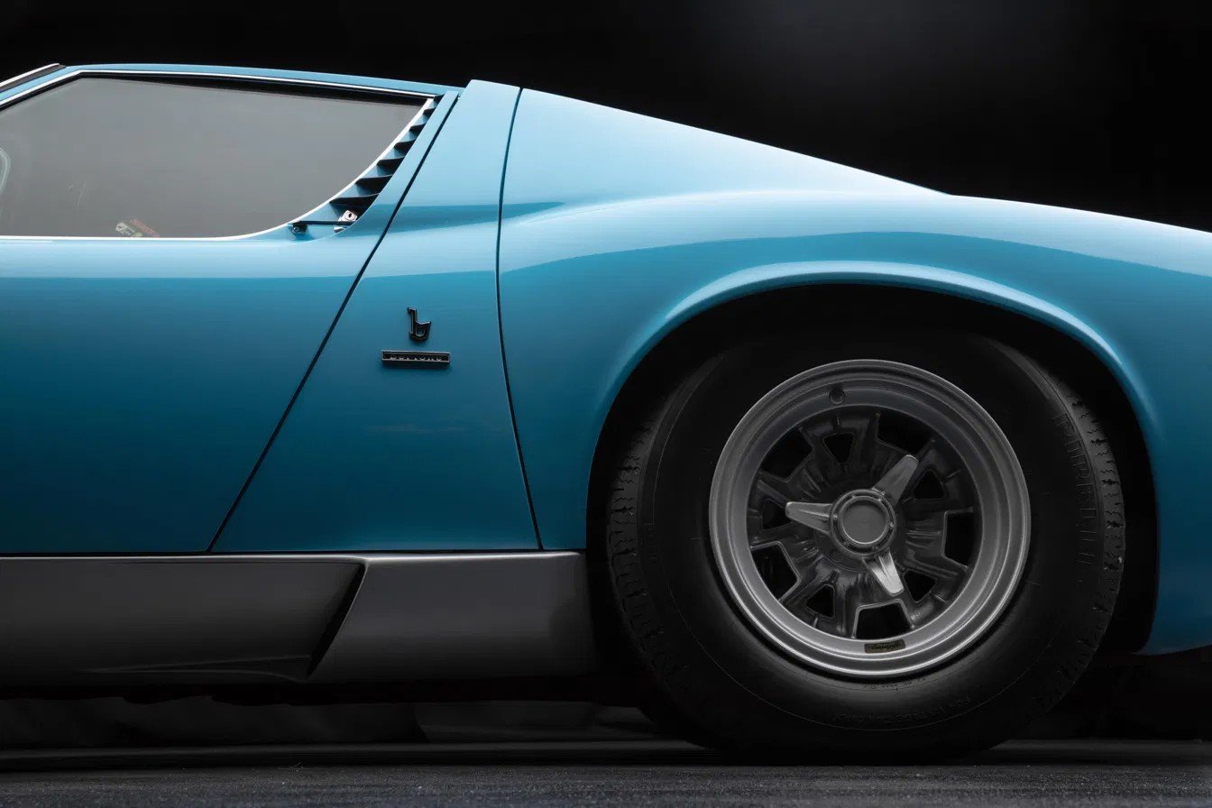 Lamborghini Miura SV rear fender detail with Bertone badge