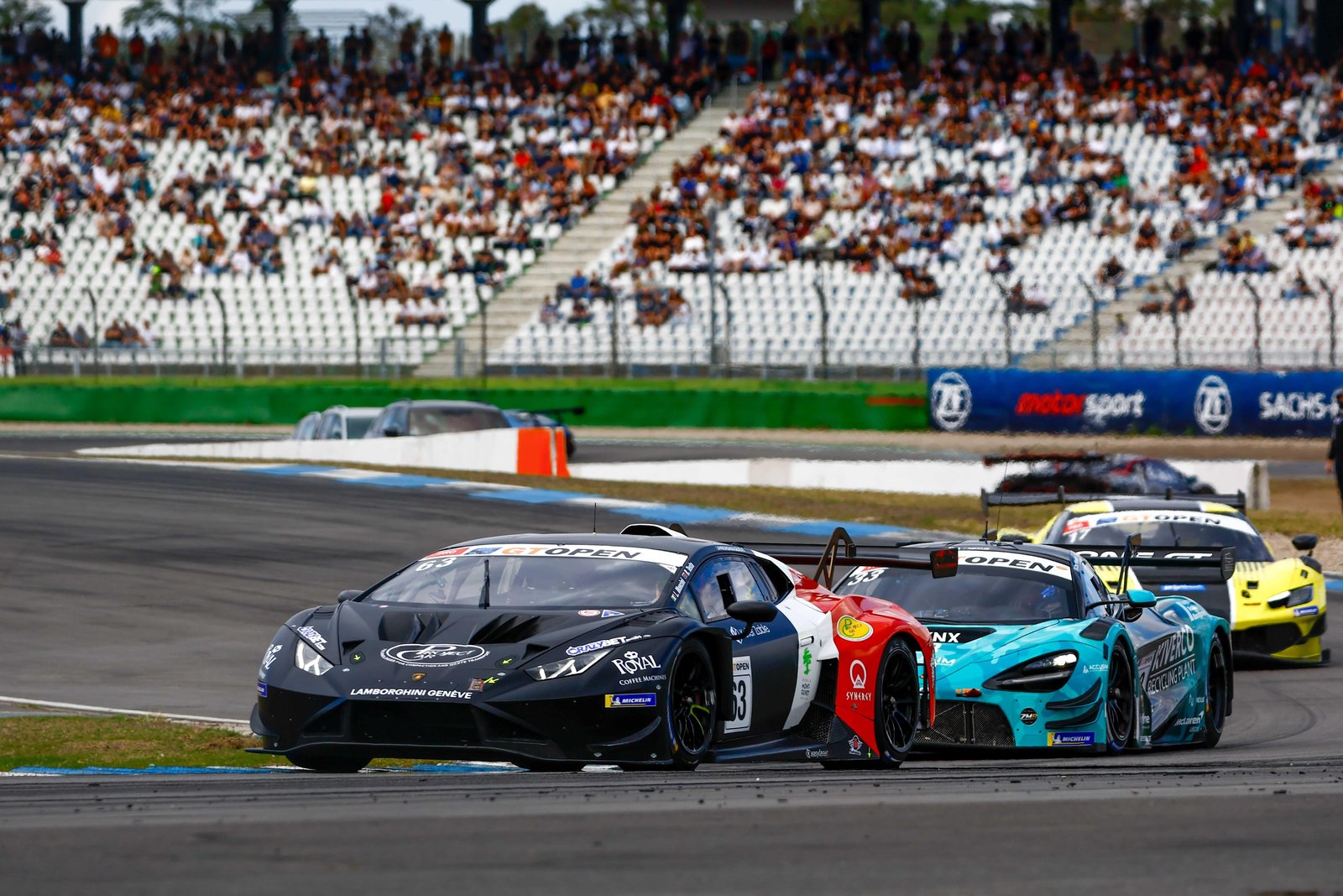 Lamborghini Huracán GT3 leading a McLaren 720S GT3 at Hockenheim