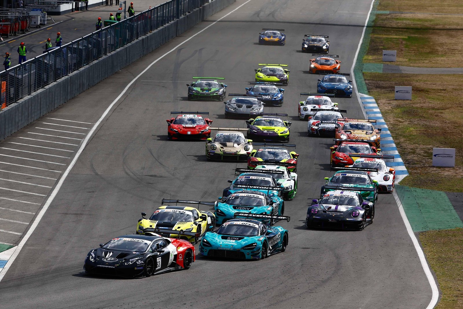 GT Open race start at Hockenheim with Lamborghini leading the pack