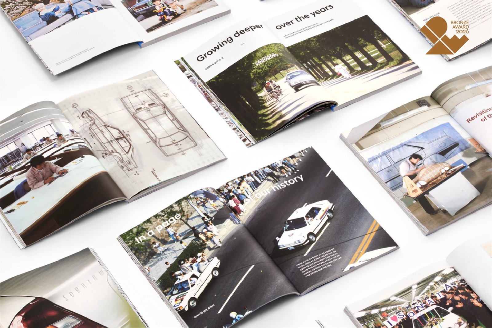 Spreads of Hyundai's RETRACE heritage magazine covering the Stellar and Sonata