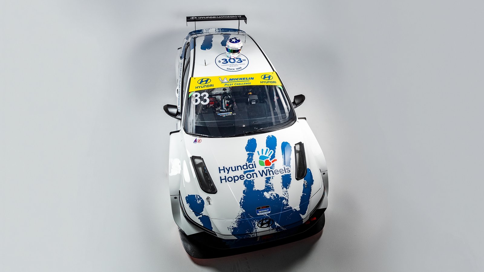 Overhead view of Hyundai Elantra N TCR showing $303M roof graphic
