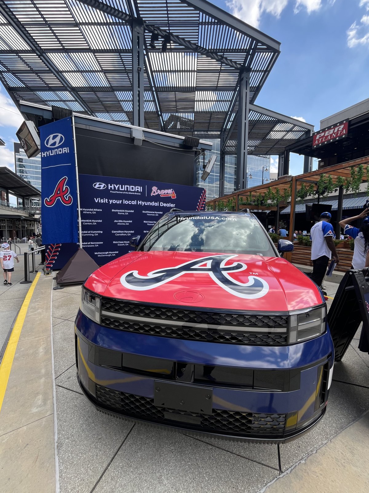 Braves-liveried Hyundai Santa Fe with Georgia dealer board at Truist Park