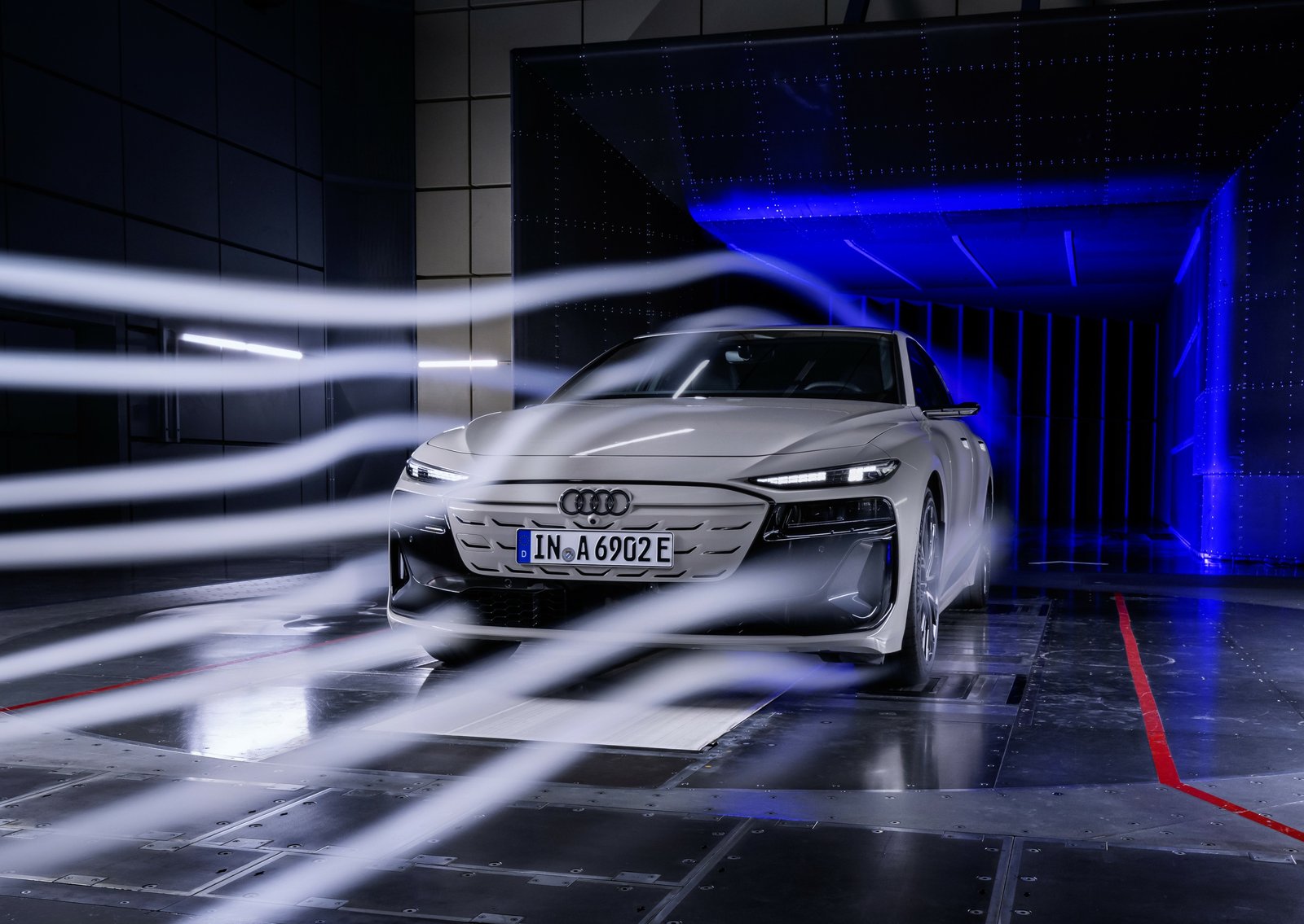 Audi A6 Sportback e-tron in a wind tunnel with smoke streams