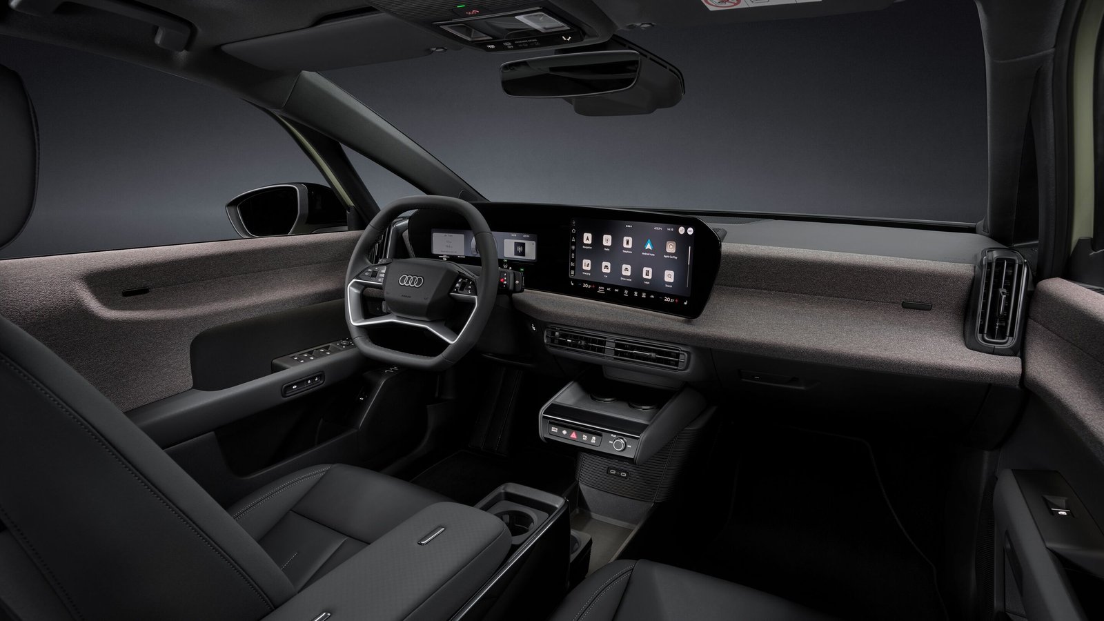 Audi A2 e-tron cockpit with MMI panoramic display and Fidlock console