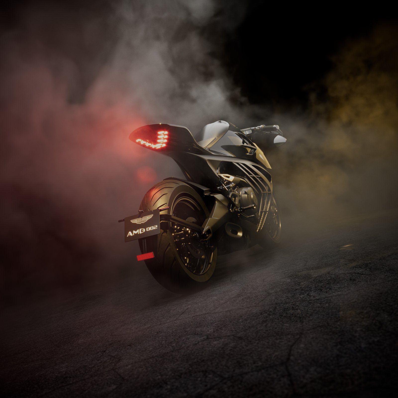 AMB 002 Roadster rear view with illuminated light blades in smoke