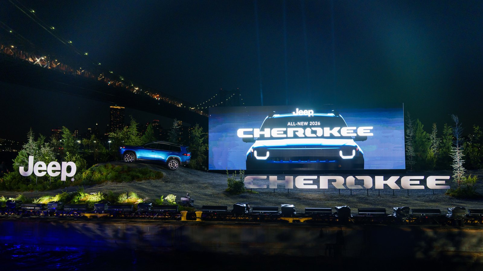 2026 Jeep Cherokee at its Brooklyn reveal event with large Cherokee screen