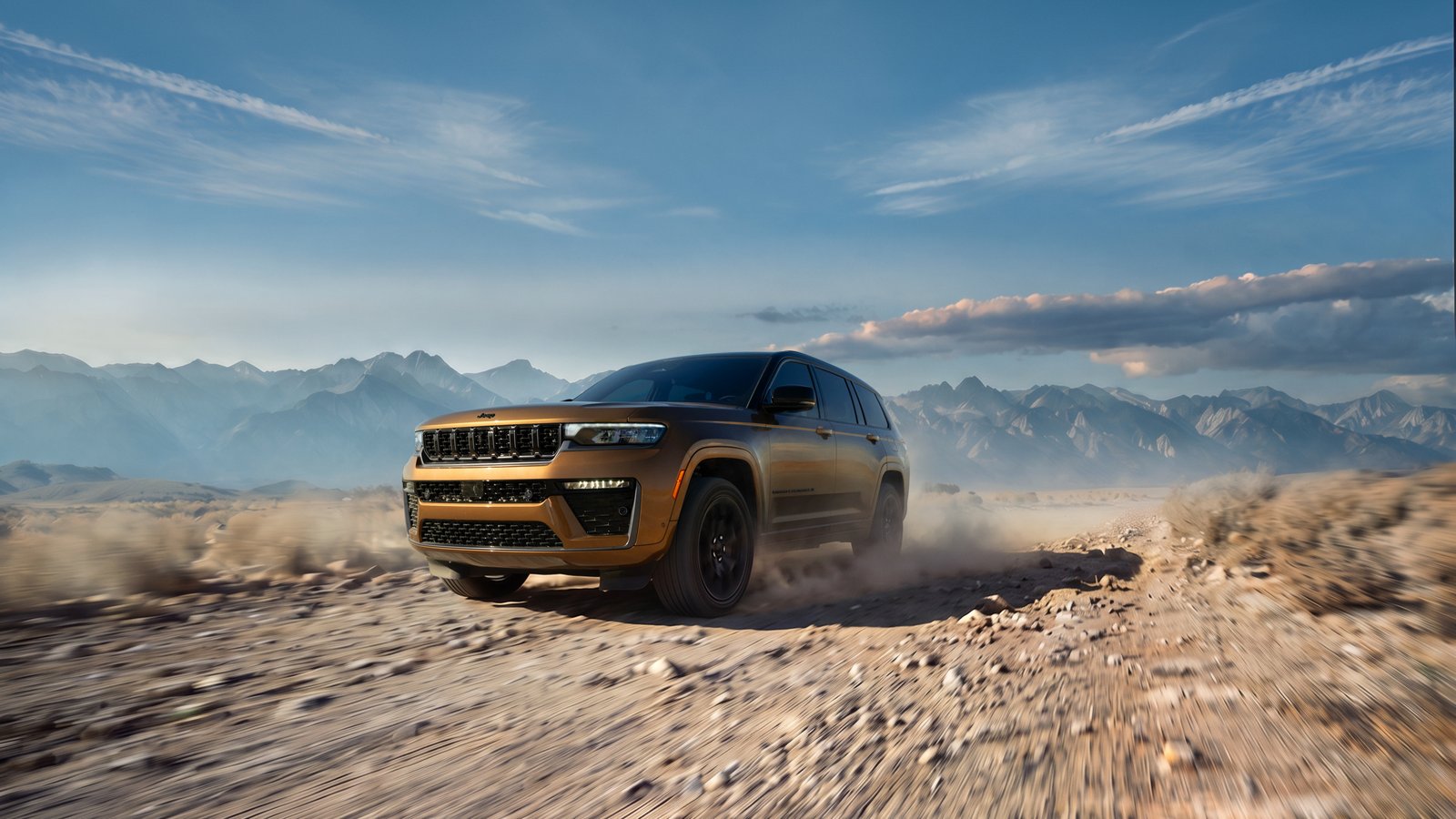 Jeep Grand Cherokee kicking up dust on desert trail