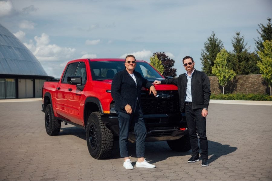 GM executives Michael Wahlstrom and Sebastian Bauer with a 2027 Silverado ZR2