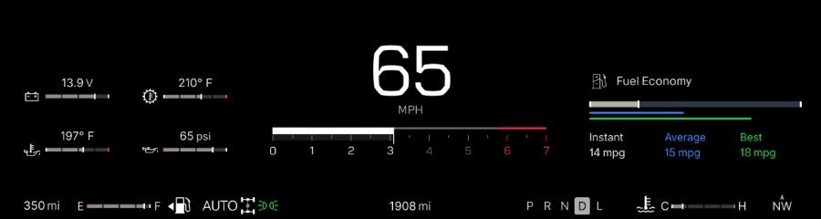 GM digital instrument cluster showing speed, gauges, and fuel economy