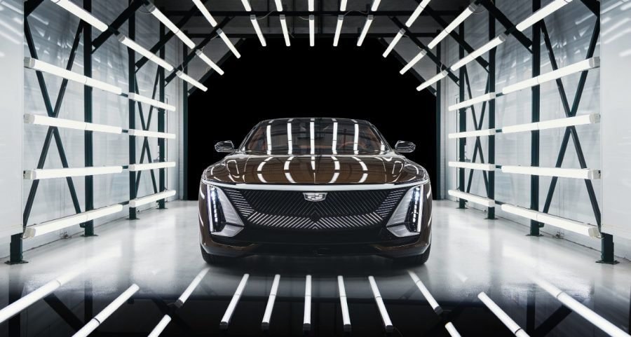 Cadillac Celestiq electric sedan inside a light booth, front view