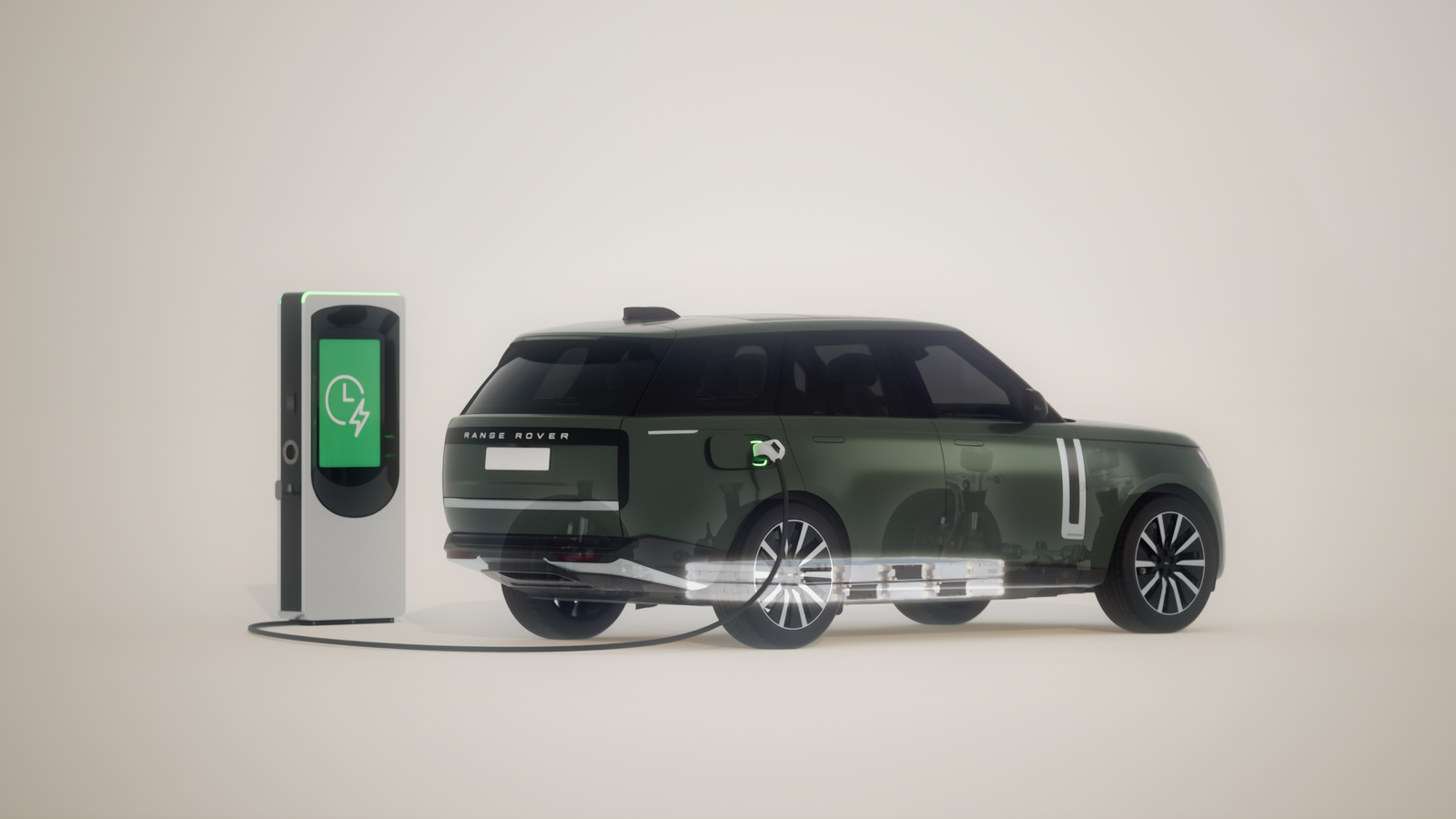 Range Rover Electric cutaway render showing underfloor battery while charging