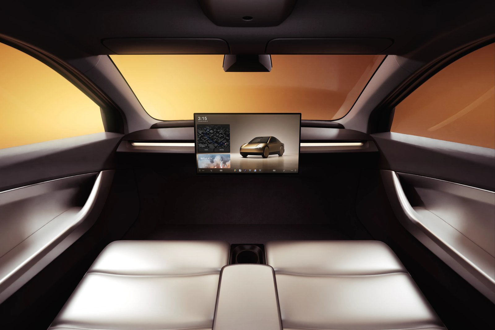 Tesla Cybercab interior with a two-seat bench and central touchscreen, no steering wheel or pedals