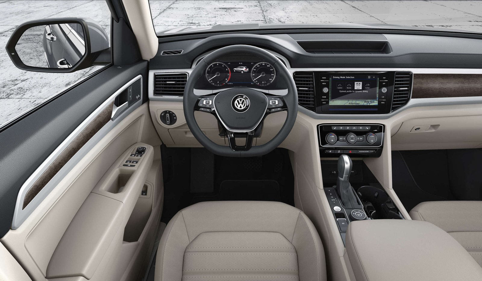 Driver's view of the 2018 Volkswagen Atlas steering wheel and dashboard