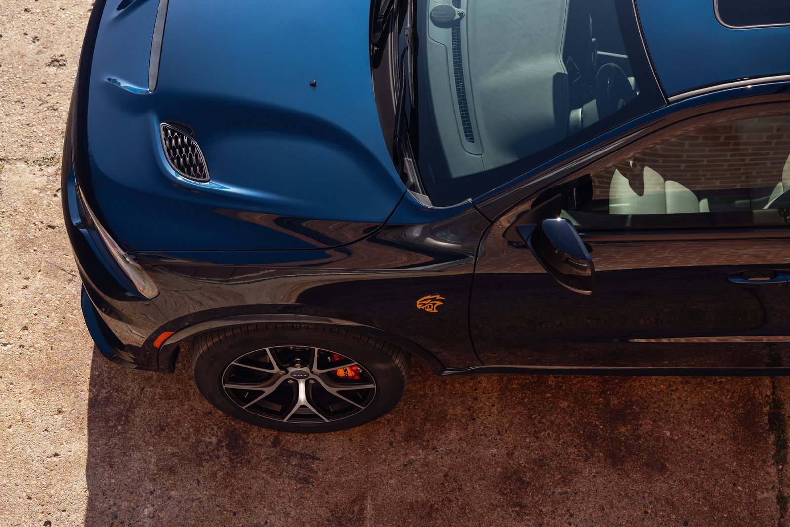 Overhead view of After Dark blue Dodge Durango SRT Hellcat hood vents