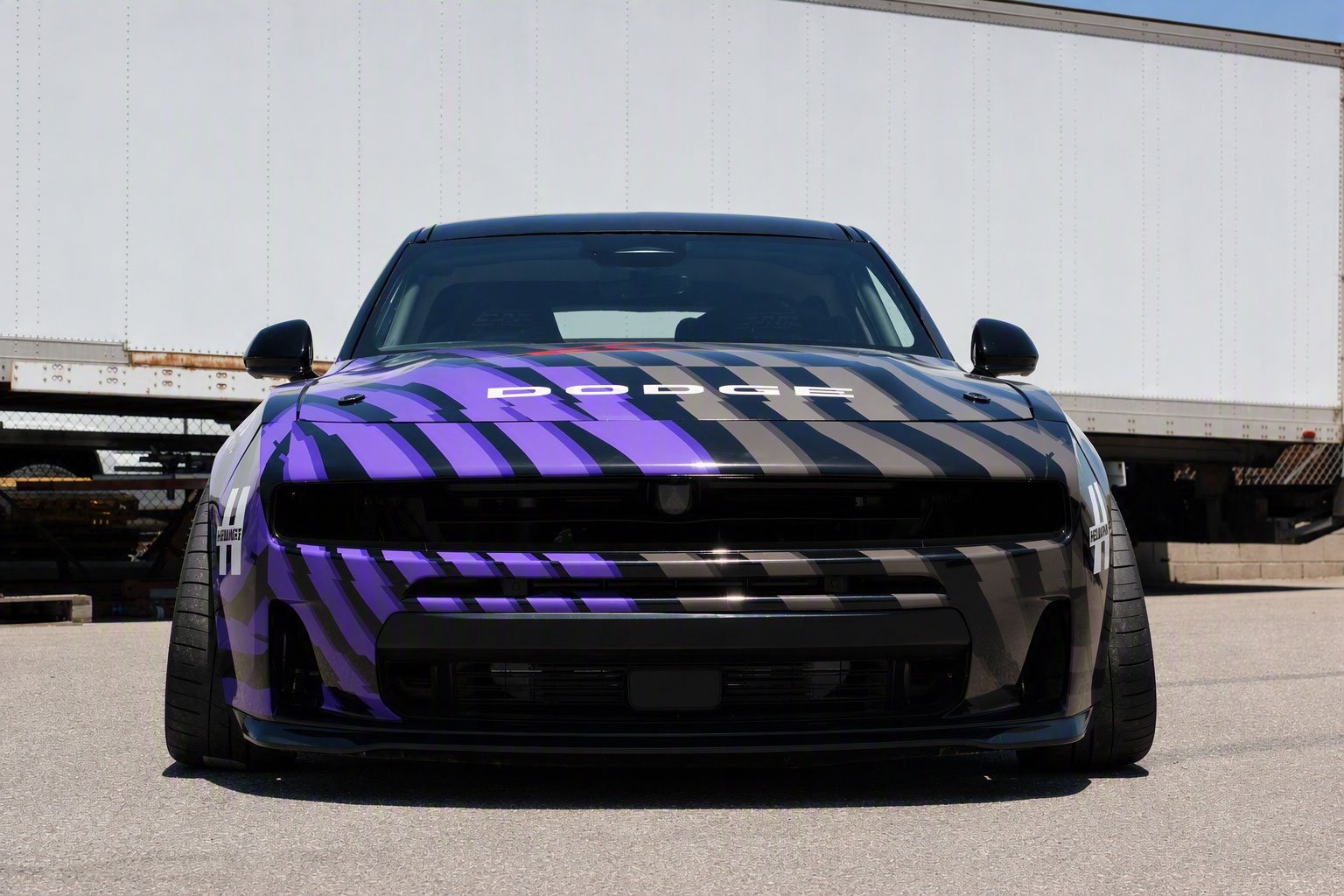 Front view of Dodge Charger drift car in purple livery