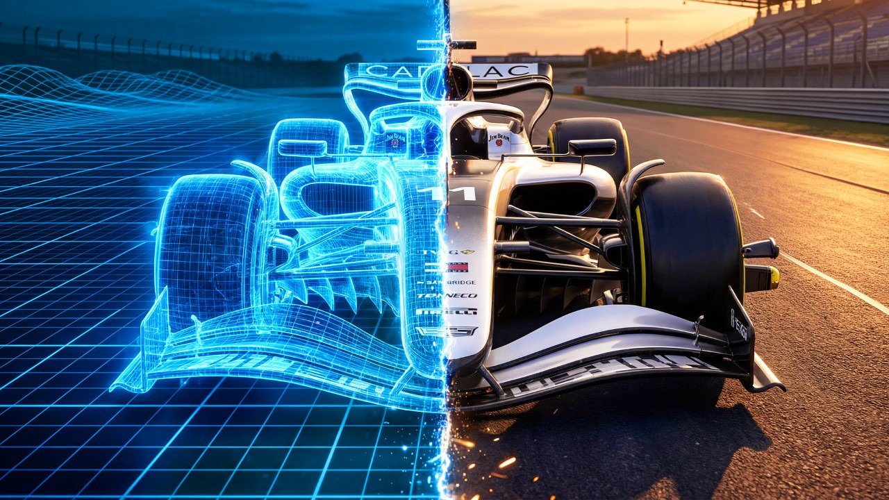 Split image of Cadillac F1 car as digital wireframe and real car