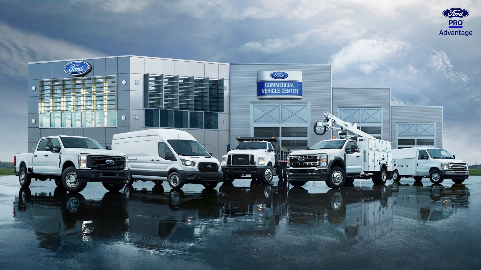 Ford commercial trucks and vans outside a Commercial Vehicle Center