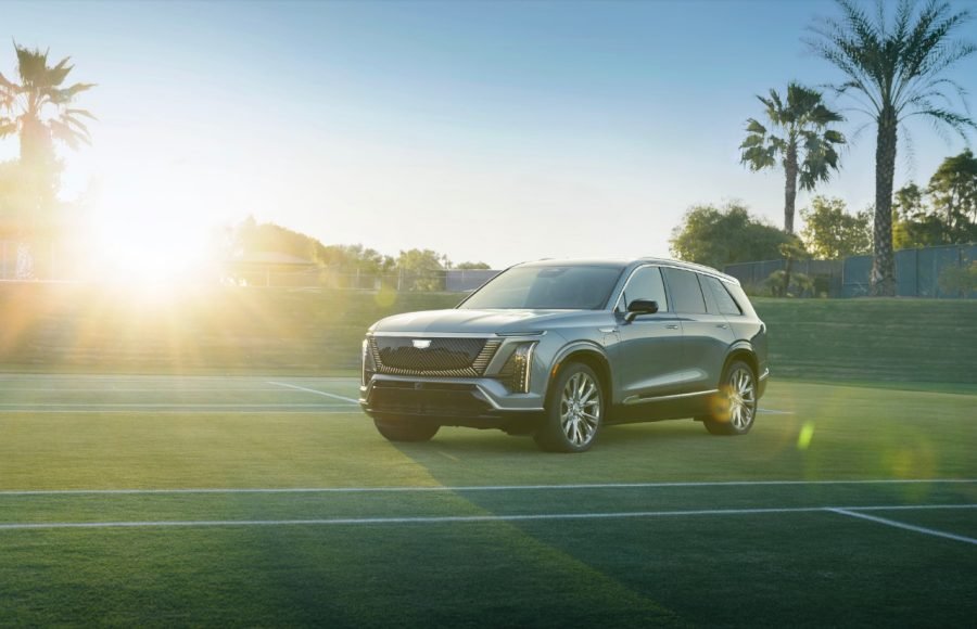 Cadillac Vistiq three-row electric SUV in Argent Silver, front three-quarter view