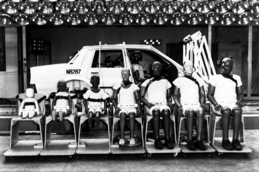 GM Hybrid III crash test dummy family lined up by size