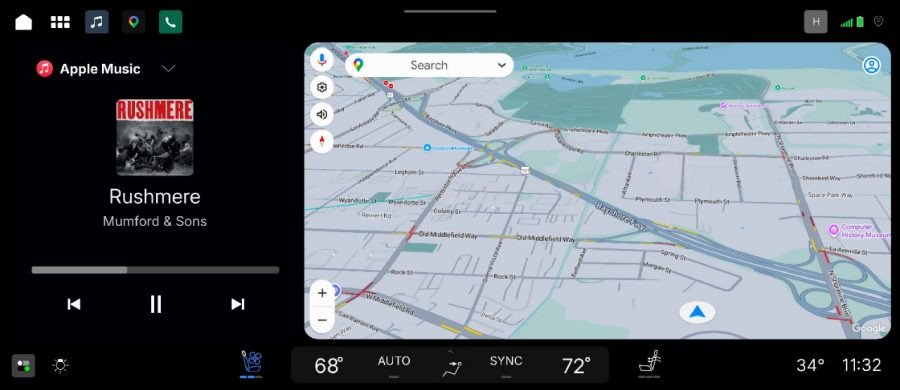 GM split-view home screen showing Apple Music and Google Maps