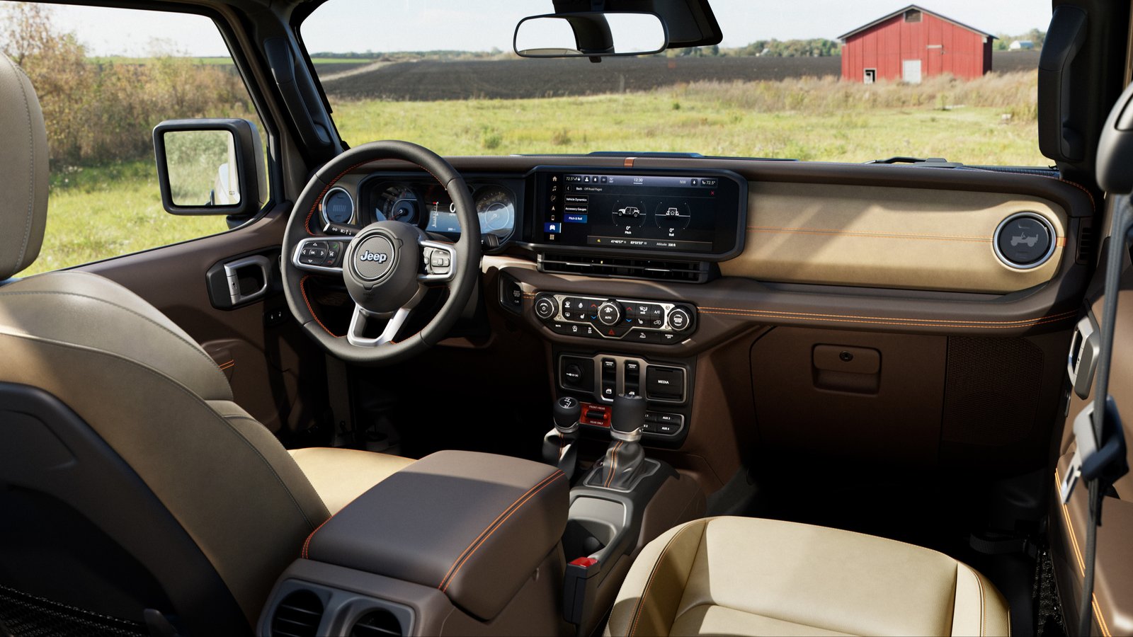 Wrangler JL-2A interior with Nappa Heritage Tan seats and Bison Brown panels