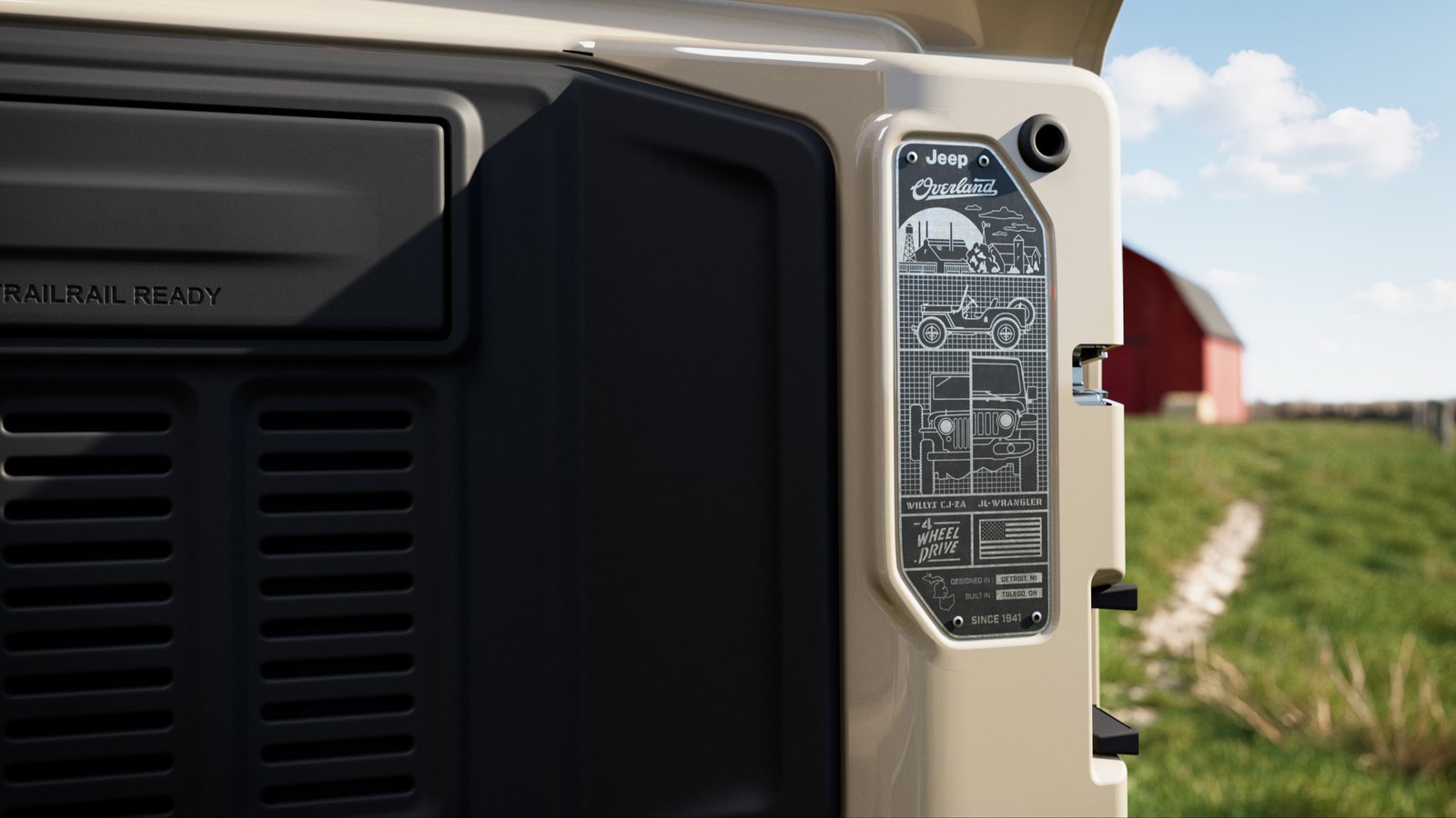 Swing-gate plaque on Wrangler JL-2A reproducing the Willys CJ-2A data plate