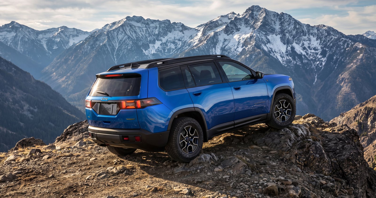Blue 2027 Jeep Cherokee Trailhawk on a mountain ridge, rear three-quarter view
