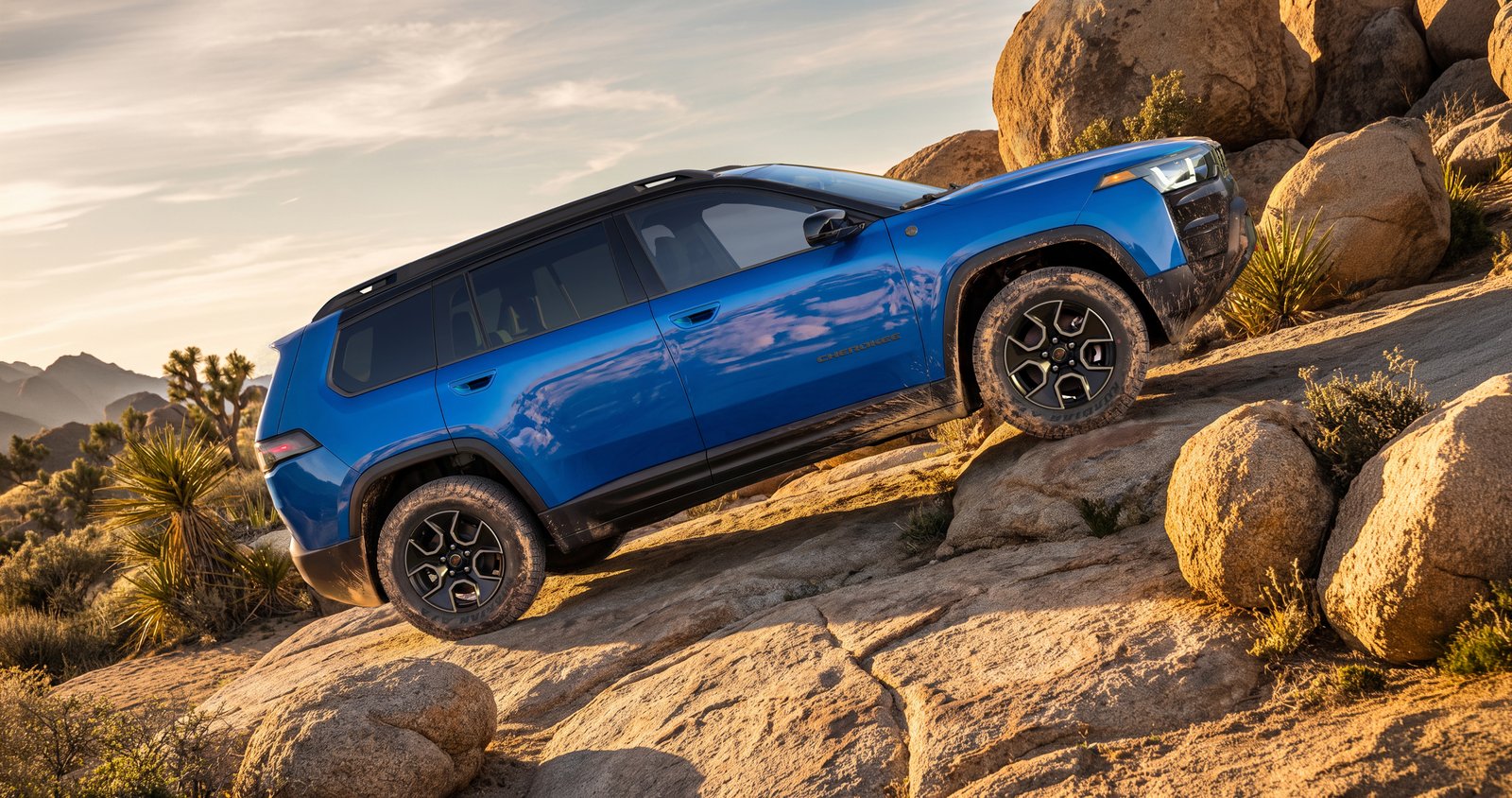 2027 Jeep Cherokee Trailhawk climbing a steep rock slab, side view