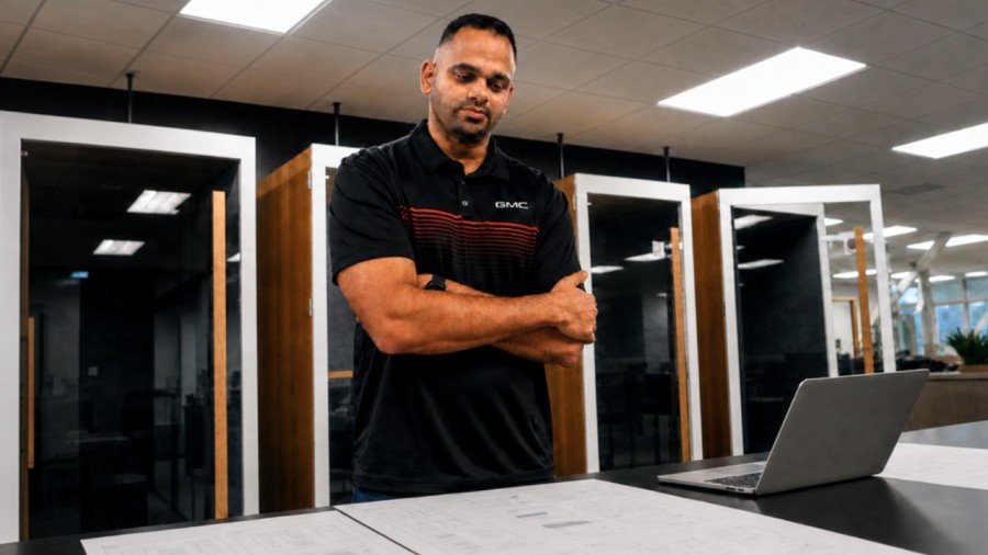 John Kaychi standing at a desk with a laptop at a GM office