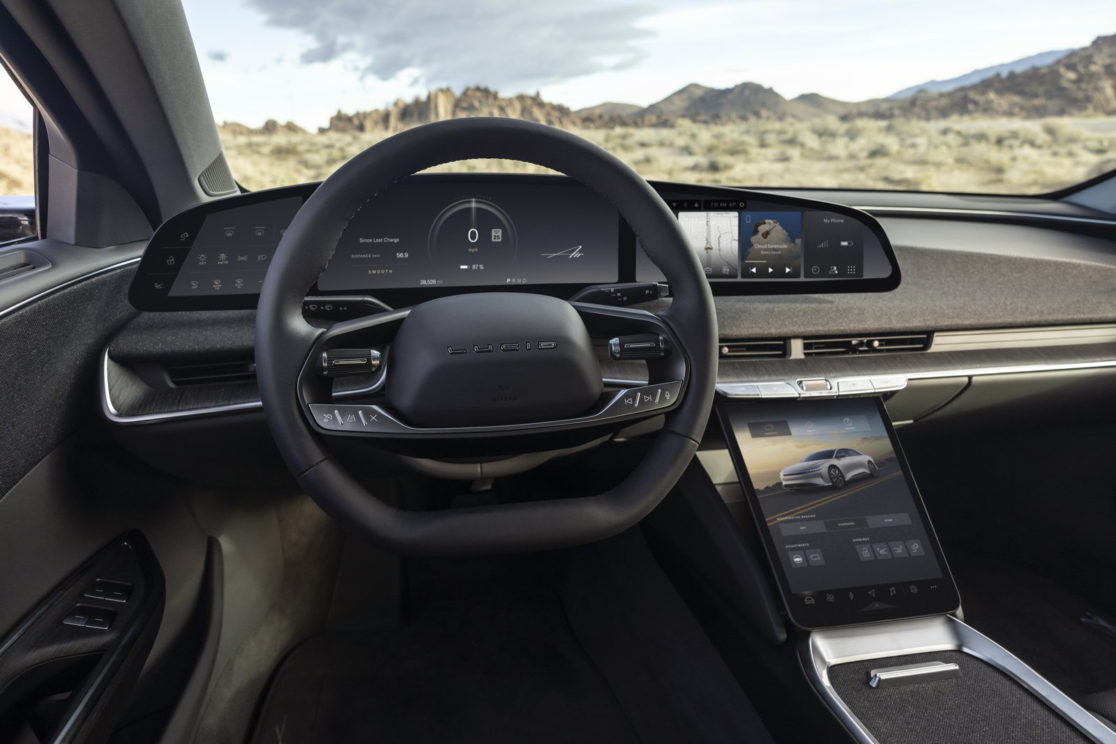 Lucid Air driver's view with new swipeable Home cards on Cockpit Panel