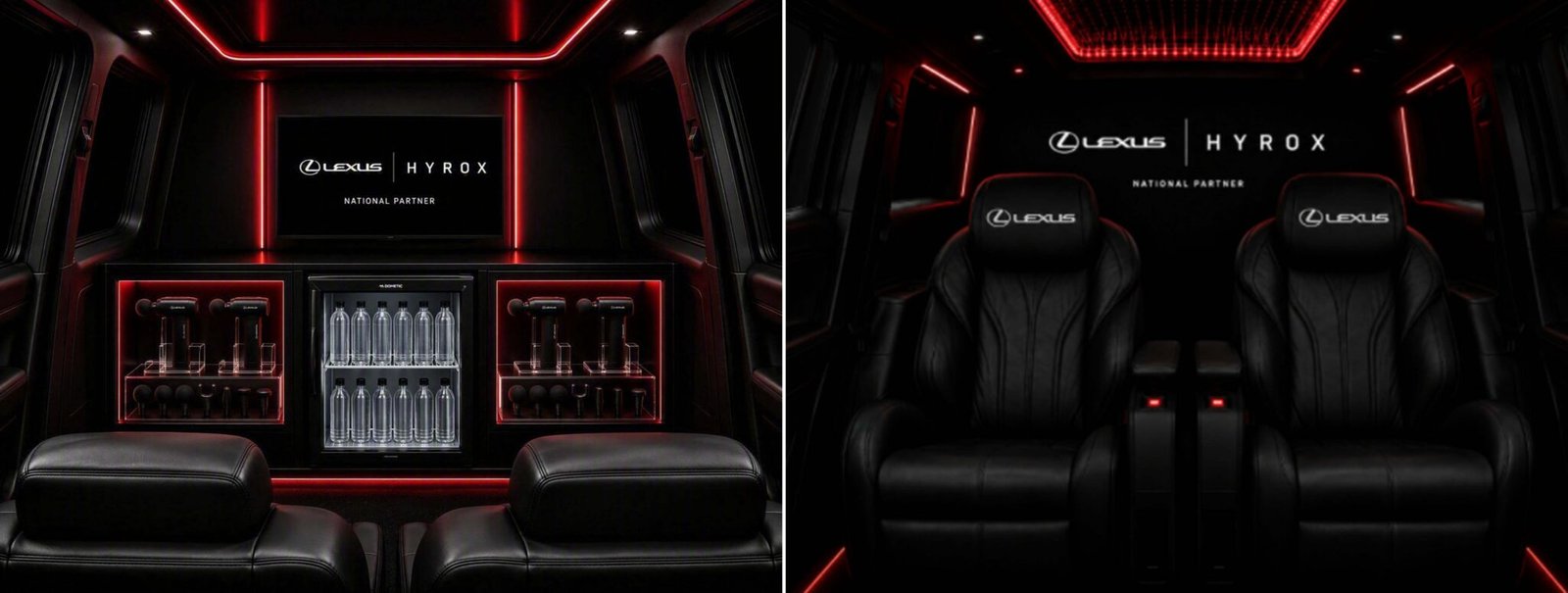 GX x HYROX concept interior with massage guns, refrigerator, and lounge seats