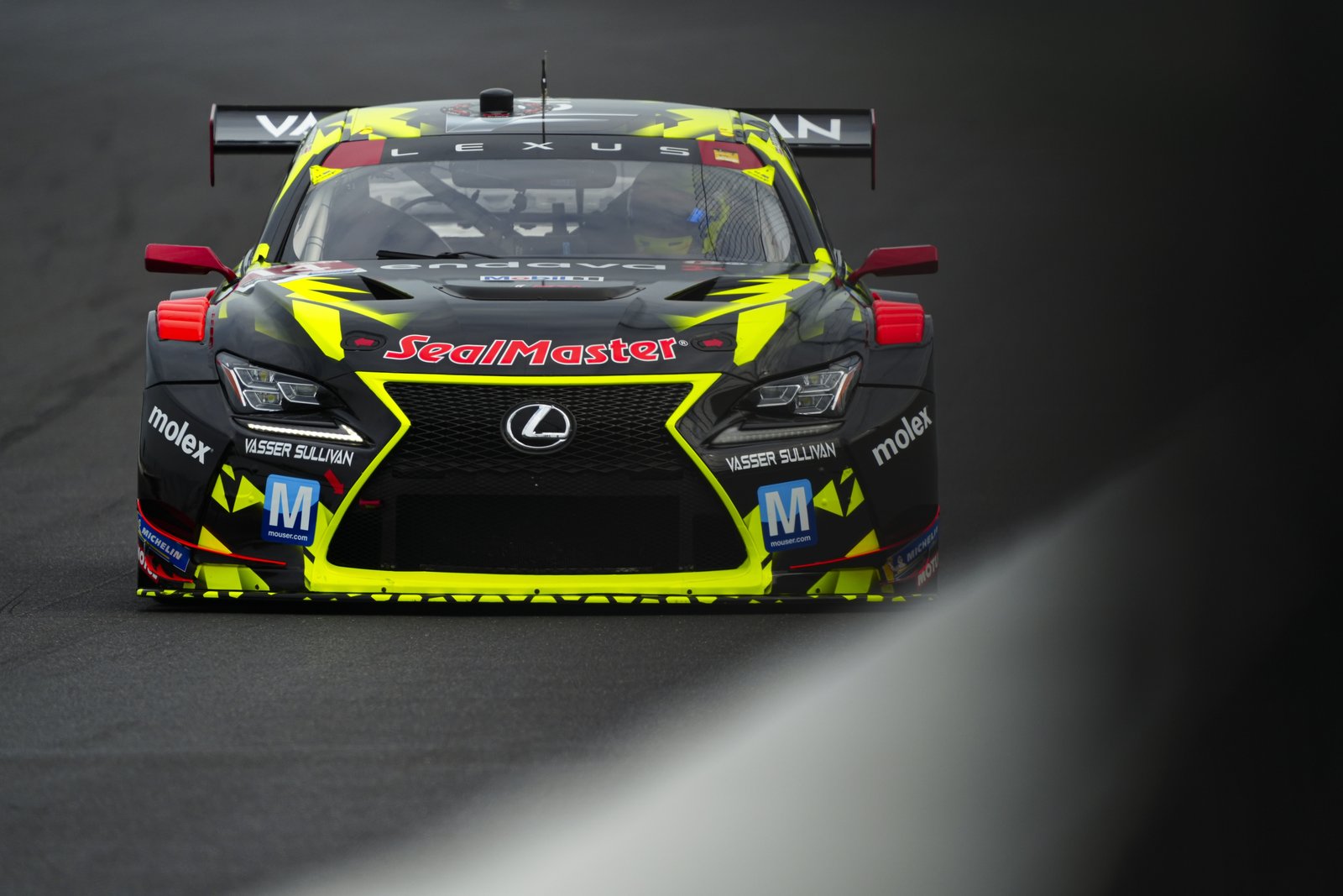 Front view of the No. 14 Lexus RC F GT3 at Indianapolis