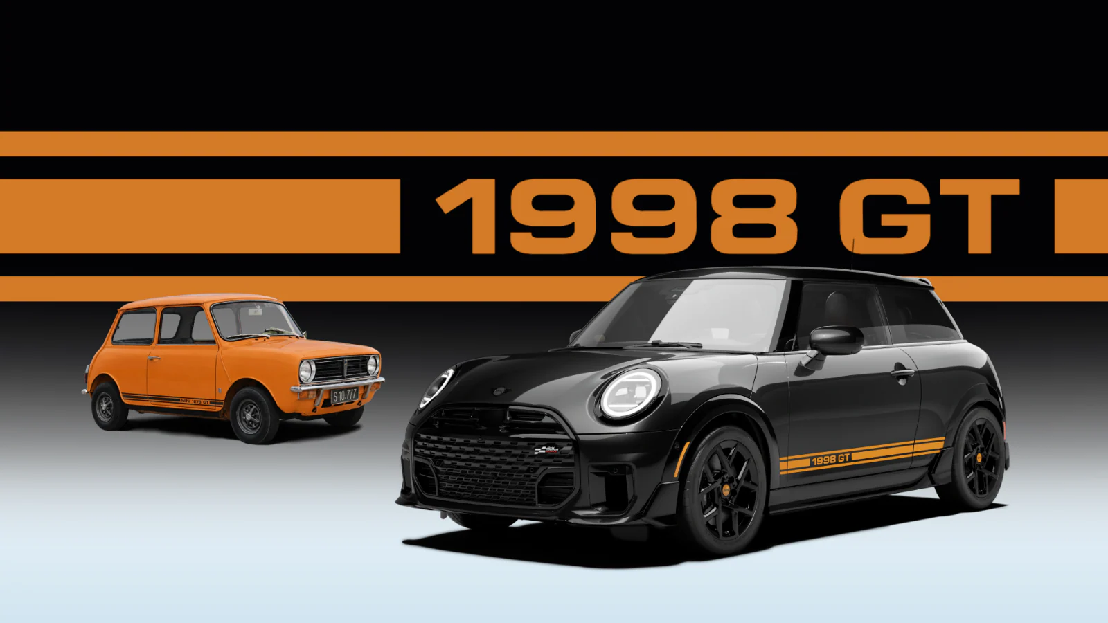 MINI 1998 GT Edition alongside an orange 1969 Mini 1275 GT
