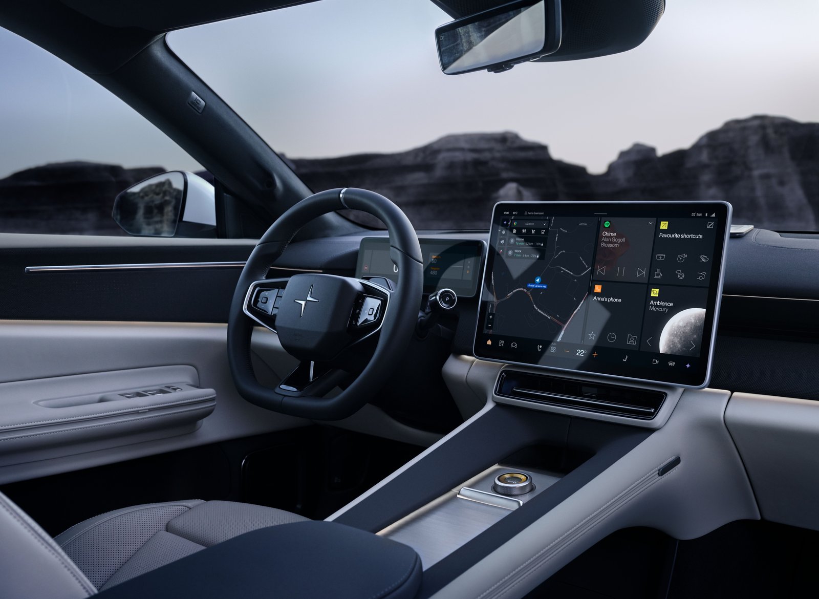 Polestar 4 SUV dashboard with landscape center touchscreen