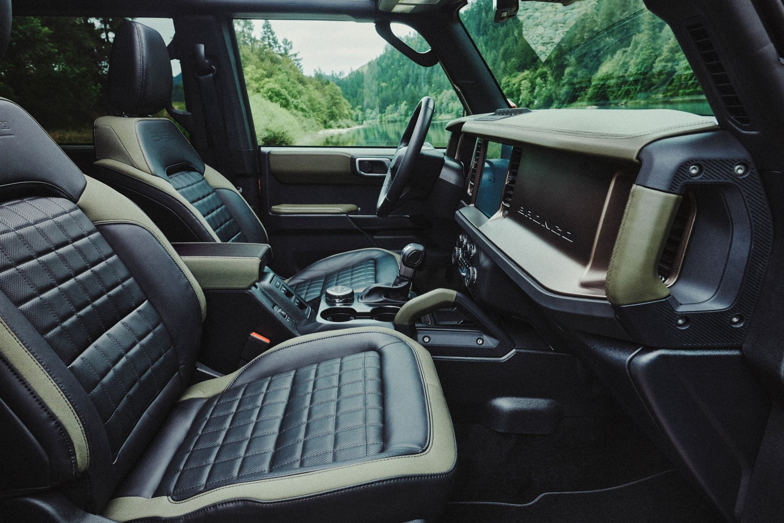 2027 Bronco Filson interior with quilted leather and saddlebags
